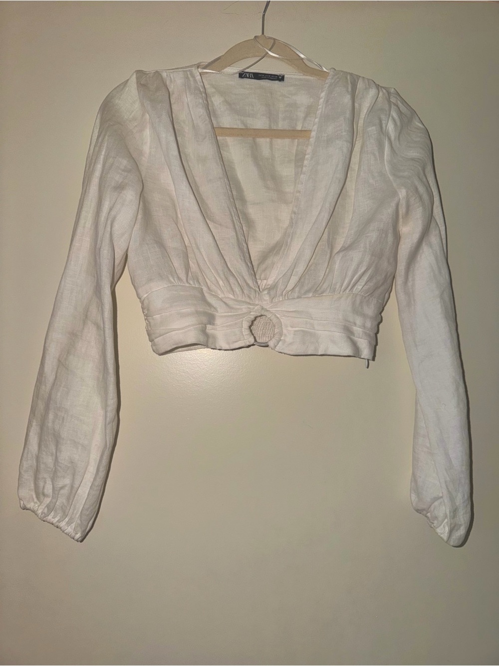 Zara white V-Neck Cropped Linen Top